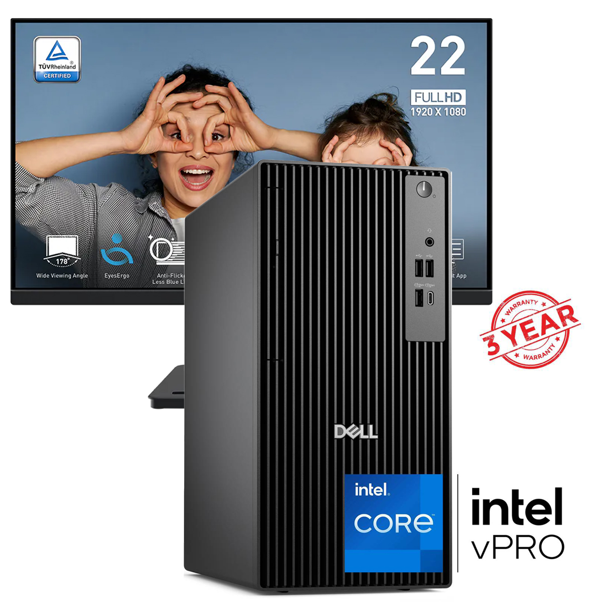 Dell Pro Tower QCT1250 Desktop PC, Intel® Core™ i5-14500 vPro 5GHz Processor 14 Core, 8GB DDR5, 512 SSD, Wi-Fi 6E, BT5.3 w/ MSI PRO MP225V Monitor - 14th Generation - 3 Year Warranty